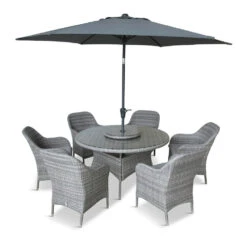 LG Outdoor Monte Carlo Stone 6 Seat Dining Set With Weave Lazy Susan & 3m Parasol